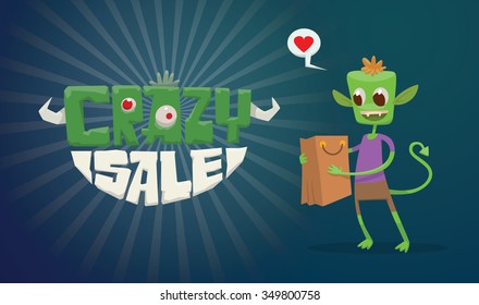 Advertising flyer with cartoon green little monster in purple t-short looking in the shopping bag with happiness. He sees in a shopping bag something interesting, Black background. vector illustration