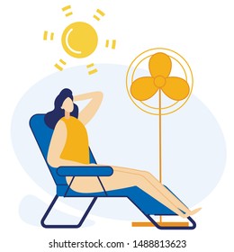 Advertising Flyer Cooling Under Fan Cartoon. Banner Body Reaction to any Environmental Factors.  Woman Sits on Deck Chair Under Scorching Sun and Cools by Fan. Vector Illustration.