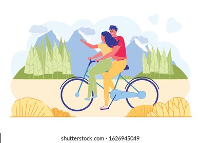 Advertising Flyer, Couple Walk on Bike out of Town. Guy and Girl Ride same Bike Together. Girl Cheerfully Points her Hand at Beautiful Nature around them. Behind them High Mountains, Trees and Spruce.