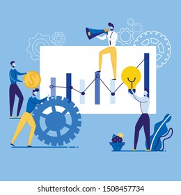 Advertising Flyer Creative Marketing Cartoon. Goal Marketing is Customer Satisfaction. In Center is Graph with Indicators, Men are Working on it Using Loudspeaker, Coin. Vector Illustration.