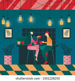 Advertising Flyer Dating in Bar Cartoon Flat. Joint Decisions Will Make Couple Closer to Each other. Guy and Girl are Sitting at Bar in Restaurant and Drink Hot Drinks from Cups. Vector Illustration.