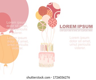 Advertising flyer design with birthday balloons and flying piece of cake flat vector illustration on white background