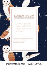 Advertising flyer design with cute barn owl (tyto alba) with white face and brown wings cartoon wild forest bird animal design flat vector illustration on dark night background with glittering stars