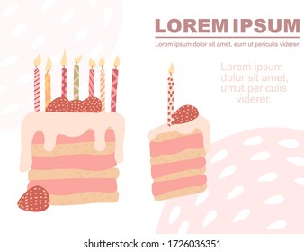 Advertising flyer design piece of cake with strawberry and birthday candles flat vector illustration on white background