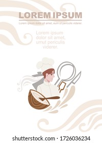 Advertising flyer design with young male bakery chef with kitchen tools cartoon flat character design vector illustration on white background