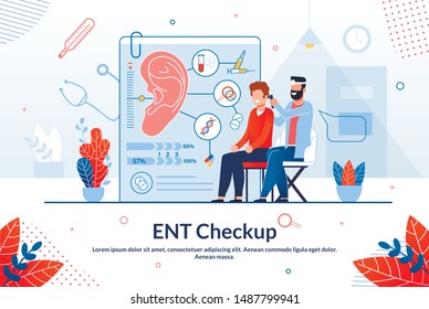 Advertising Flyer Ent Checkup Lettering Cartoon. Importance Regular Visits to Doctor. Man Sits on an Examination Chair, Next to Man Doctor Examines Patients Ear. Vector Illustration.