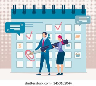 Advertising Flyer Financial Result Determination. Conceptual Idea Confirmation Result. Man and Woman Stand at Calendar and Make Notes. Calculation Financial Indicators. Vector Illustration.