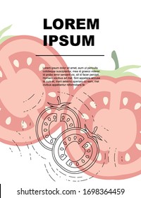 Advertising flyer or greetings card design with outline slice tomato flat vector illustration on white background with colored tomato