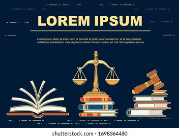 Advertising flyer greetings card design justice scales and wooden judge gavel law hammer sign with books of laws legal law and auction symbol flat vector illustration on dark background outline style