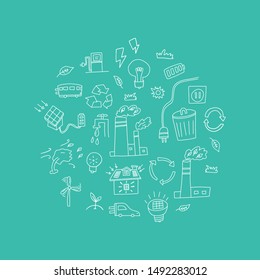 Advertising flyer hand drawn. Energy green, flat. Set simple drawings. Hand-drawn illustrations. Factories and enterprises that do not harm environment. Cars and appliances powered by solar energy.