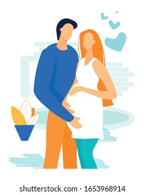 Advertising Flyer Happiness Pregnant Woman Flat. Good Communication is One Foundations Marriage. Pregnant Wife and Husband are Standing Embracing, Man Put his Hand on Belly Woman Cartoon.