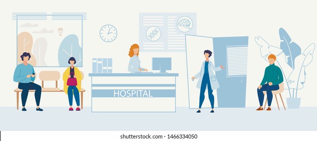 Advertising Flyer Hospital Admission Department. Territory Medical Center. People are Waiting for Doctor at Hospital Admission. Doctor Invites Patient to Office. Vector Illustration.