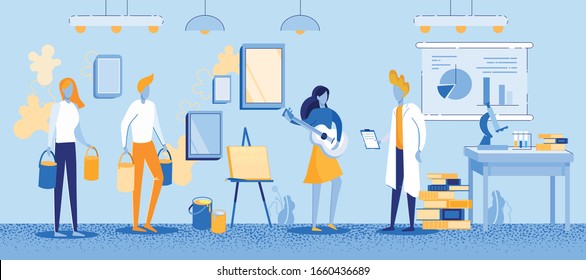 Advertising Flyer Idea in Art and Creativity. Participants Try to Look at Problem from Different Perspectives. People Hold Buckets Paint in Office Man in Bathrobe, Girl Plays Guitar.