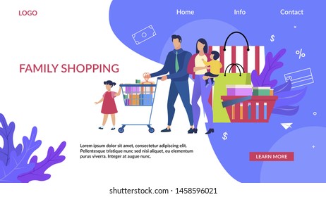 Advertising Flyer Inscription Family Shopping. Horizontal Flyer Invitation to Mall. Family with Children Goes Shopping. Parents and Children Spend Weekend Together. Vector Illustration.