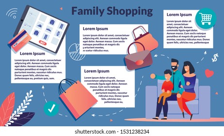 Advertising Flyer Inscription Family Shopping. Happy Young Husband with Wife and Child Sitting on Couch and Order Online Goods. Parents and Son Enjoy Online Shopping. Vector Illustration.