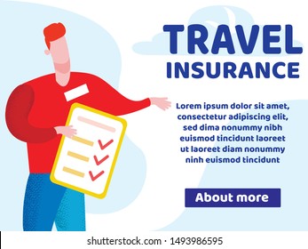 Advertising Flyer Lettering Travel Insurance. Insurance Policy Covers all Costs Associated with Payment Medical Services. Man Holding an Insurance Policy Cartoon. Vector Illustration.