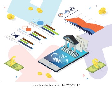 Advertising Flyer Loan Application Service Slide. Confirmation Transactions Using One-time Passwords. On Screen Smartphone is Bank Building, around Coin and Banknote. Vector Illustration.