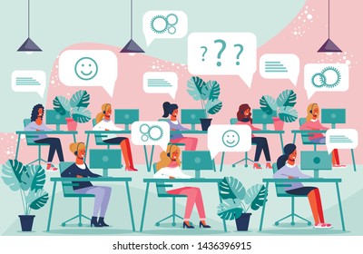 Advertising Flyer Modern Call Center Cartoon. People Sit in Big Office and Work With Phone. Young Women and Men Communicate with People Through Telephone Headset. Vector Illustration. - Powered by Shutterstock - Get 15% off with code: PIKWIZARD15