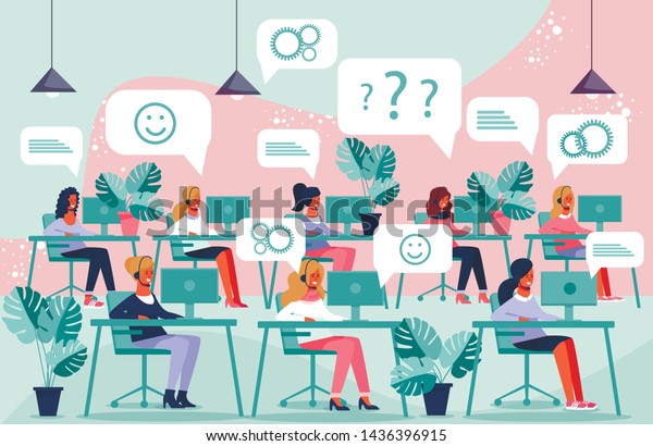 Advertising Flyer Modern Call Center Cartoon. People Sit in Big Office and Work With Phone. Young Women and Men Communicate with People Through Telephone Headset. Vector Illustration.