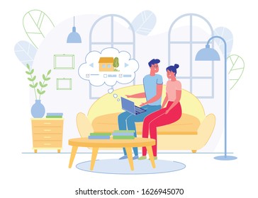 Advertising Flyer, Newlyweds Choose House to Buy. Husband and Wife Choose Property for Purchase on Laptop. They Calmly Discuss Options while Sitting on Couch. There are Documents on Table.