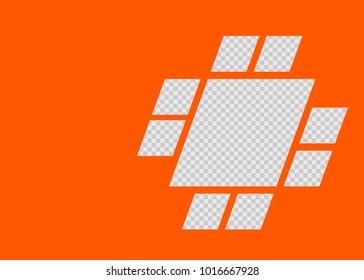 Advertising flyer party design elements. Orange background with modern elegant cut for foto. Transparent background of resulting window & space for text or ad. Fashion illustration for template front 