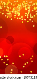 Advertising flyer party design elements. Red background with elegant graphic golden confetti bright light circles. Vector illustration EPS 10 for template brochure, layout leaflet, cafe menu card