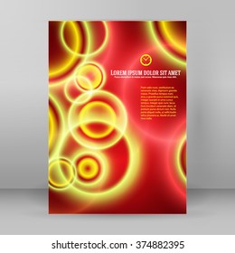 Advertising flyer party design elements. Red background with elegant graphic blur bright light circles. illustration for template brochure, layout leaflet, cafe menu card