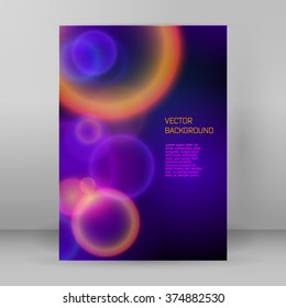 Advertising flyer party design elements. Purple background with elegant graphic blur bright light circles. Fun illustration for template brochure, layout leaflet, cafe menu card