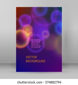 Advertising flyer party design elements. Purple background with elegant graphic blur bright light circles. Fun illustration for template brochure, layout leaflet, cafe menu card