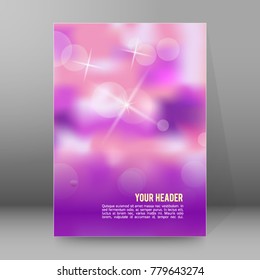 Advertising flyer party design elements. Purple background with elegant graphic blur bright light circles. Fun illustration for template brochure, layout leaflet, cafe menu card