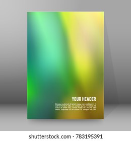 Advertising flyer party design elements. Green yellow background with elegant graphic blur bright light circles. Fun illustration for template brochure, layout leaflet, cafe menu card