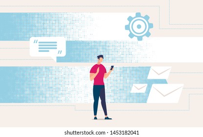 Advertising Flyer Receiving Correspondence Online. Guy in Casual Clothes Looks in Smartphone Messages and Email. Conceptual Idea Man and Everyday Communication Online. Vector Illustration.