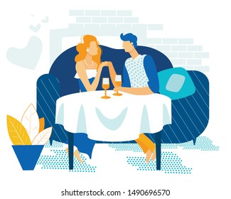 Advertising Flyer Romantic Couple in Love Flat. Man and Woman do not Notice Each Other Shortcomings and Pay Attention Only to Good Side. Husband and Wife in Restaurant. Vector Illustration.