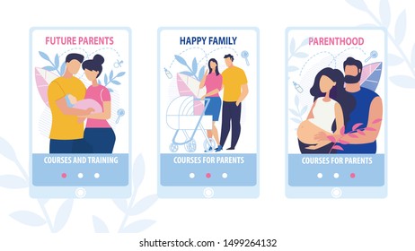 Advertising Flyer Set Written Future Parents. Banner Inscription Happy Family, Parenthood Training and Courses. Courses for Parents. Husband and Wife Walk with Stroller. Parents Hold Baby.