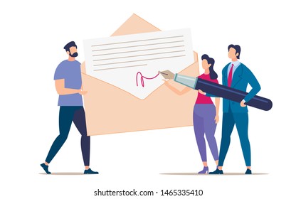 Advertising Flyer Signing and Mailing Document.  Conceptual Idea People Solve Questions with Documents Through Correspondence. Woman and Man Sign Paper in Presence Man Suit. Vector Illustration.