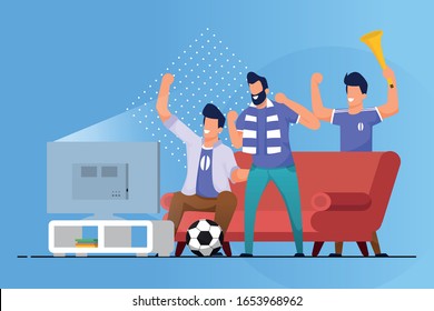 Advertising Flyer Sports Fans at Home Cartoon Flat. Sharing Time is Reduced to Watching Television. Young Men, Being at Home Near Tv, Actively Support Football Team. Vector Illustration.