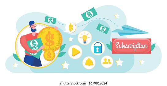 Advertising Flyer Subscribe to Financial News. Flat Banner Interaction with Target Audience Through Contextual Advertising. Guy Holds Gold Coins and Banknotes Cartoon. Vector Illustration.