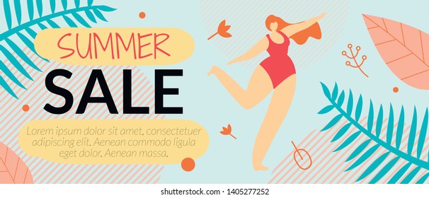 Advertising Flyer Summer Sale Vector Illustration. Cumulative Discount on Sale Goods for Women. Beautiful Woman in Swimsuit Rejoices and Dances. Hot Price and Offer. Layout Coupon Code.