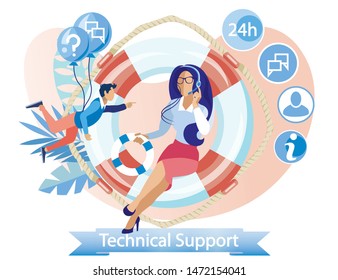 Advertising Flyer Technical Support Lettering. Interest in Potential Client. Vector Illustration. Girl Dressed in an Office Style Is Sitting on Big Life Preserver and Talking on Phone.