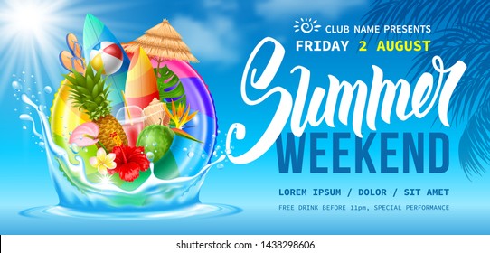 Advertising flyer template for summer weekend party near the pool or seacoast. Swim ring, tropical leaves, flowers, fruits and exotic cocktail. Blue sky and clouds on background. Vector illustration.