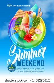 Advertising flyer template for summer weekend party near the pool or seacoast. Swim ring, tropical leaves, flowers, fruits and exotic cocktail. Blue sky and clouds on background. Vector illustration.