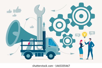Advertising Flyer Tools For Introducing Ideas. Conceptual Idea Necessary Tools for Management. In Back Car Loudspeaker, Pen and Wrench. Man and Woman are Discussing an Idea. Vector Illustration.