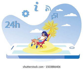Advertising Flyer Work at Resort Cartoon Flat.  Operator Regularly Checks Information on Intranet. Girl Sits on Beach in Lounge Chair and Continues to Work. Rest and Work Outside Office Remotely. 