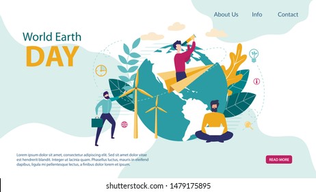 Advertising Flyer World Earth Day, Lettering. Touching Life Employees One Office. Poster Man with Briefcase Stands Near Wind Turbine. Guy is Looking Through Telescope. Vector Illustration.