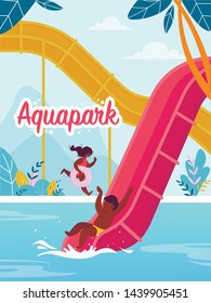 Advertising Flyer Is Written Aquapark Cartoon. Happy Children Play And Rejoice In Water Park. Child Is Moving Down To Pool From Inflatable Slide. Girl Runs With An Inflatable Circle.