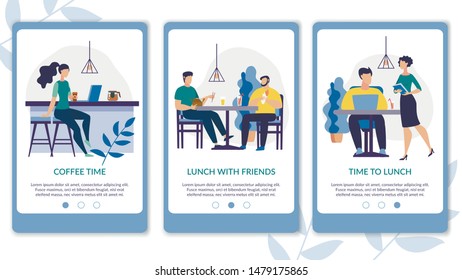 Advertising Flyer is Written Lunch Time Cartoon. Poster Inscription Coffee Time, Lunch with Friends. Banner Men and Women are Resting with Cup Coffee at Work Flat. Vector Illustration.