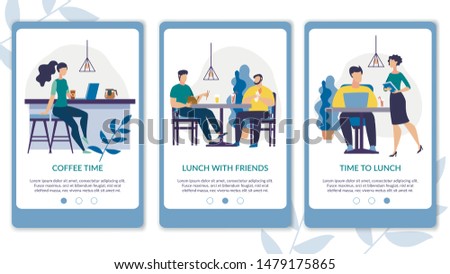 Advertising Flyer is Written Lunch Time Cartoon. Poster Inscription Coffee Time, Lunch with Friends. Banner Men and Women are Resting with Cup Coffee at Work Flat. Vector Illustration.