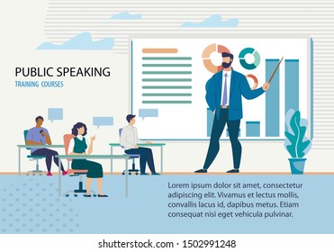 Advertising Flyer it is Written Public Speacking. Training Courses. Course is Full Details and Divided into Modules. Large Man in Suit Speaks in an Audience in Front Students, Uses Chart.