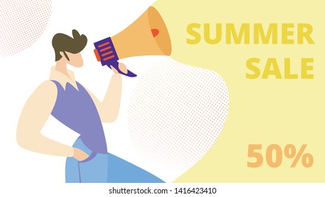 Advertising Flyer Written Summer Sale 50 Percent. Man in Fashionable Clothes Speaks into Loudspeaker. Information Poster for Discount in Mall. Seasonal Sale Manager. Vector Illustration.