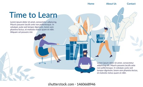 Advertising Flyer is Written Time to Learn Flat. Poster Young People are Trained with Help Interactive Rocks. Course Modern Professions Online. Boys and Girls do their Homework Online.
